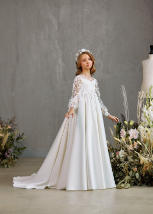 Beaded Ivory Lace Satin Flower Girl Dress With Bows